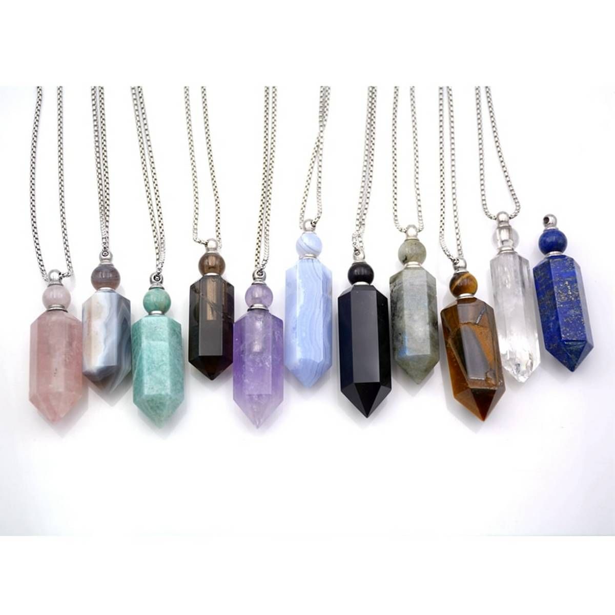 natural Gems stone Hexagon prism Bottle Pendant smoky quartzs Magical Medicine Bottle Necklace silver plated vial oils diffuser