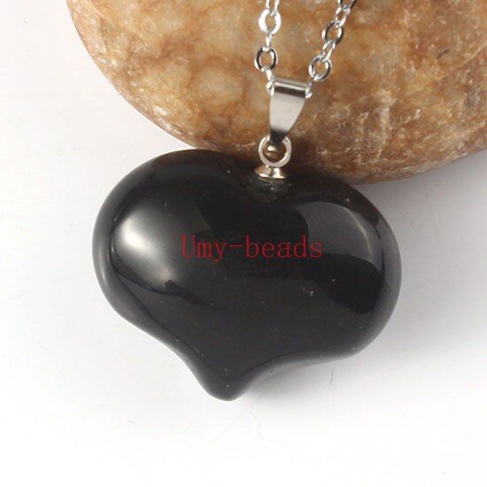 KFT Silver Plated Natural Rock Cryatal Rose Pink Quartz Opalite Opal Black Agates Love Heart Stone Pendant Women Men Jewelry