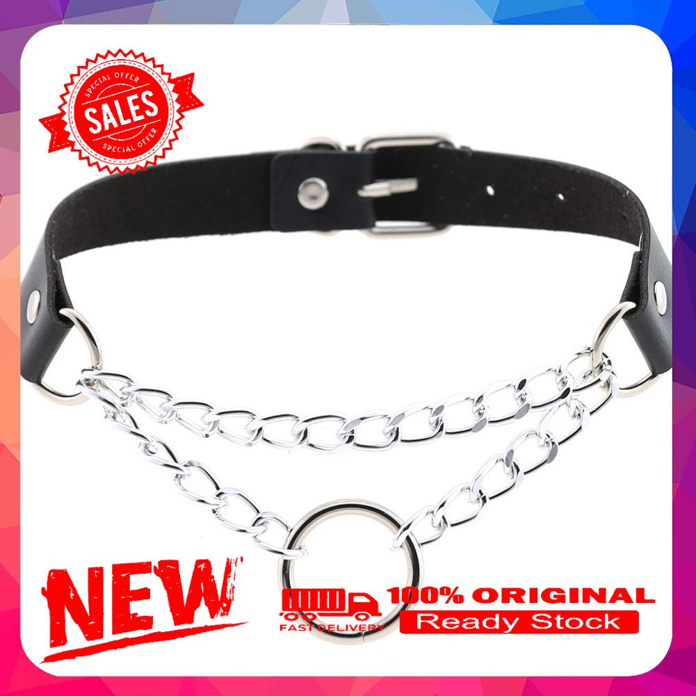 Women Men Punk Chain Choker Necklace O Round Circle Faux Leather Collar Jewelry