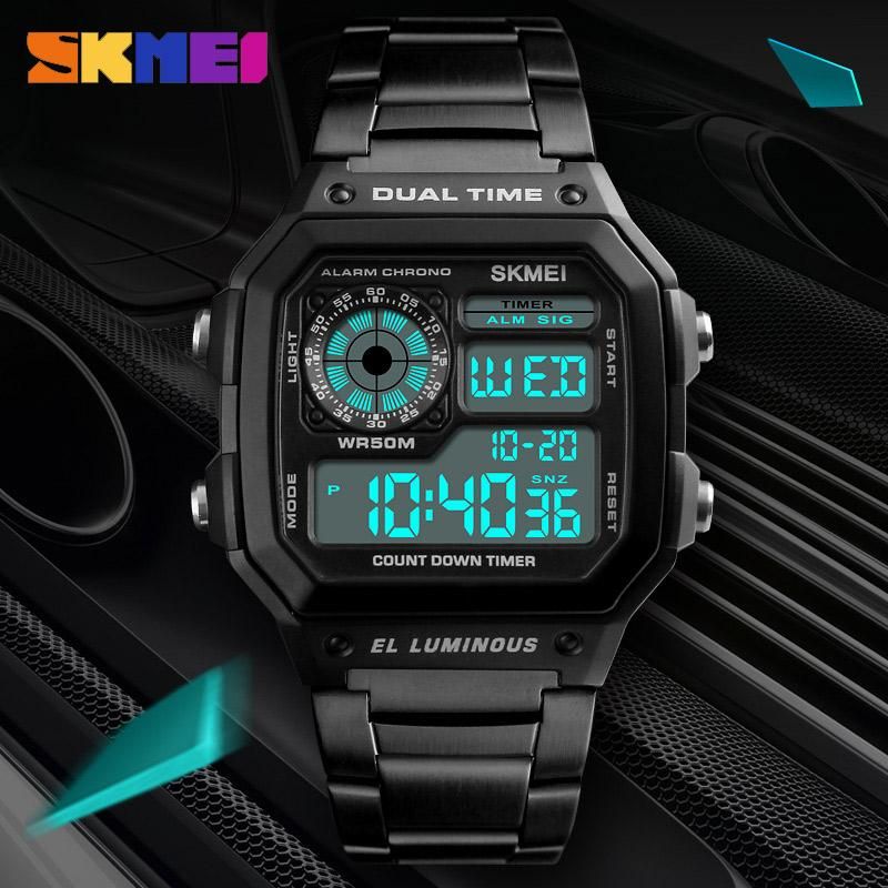 SKMEI 1335 Men Outdoor Sports Watches Count Down Waterproof Watch Stainless Steel Fashion Digital Business Wristwatches Male Clock
