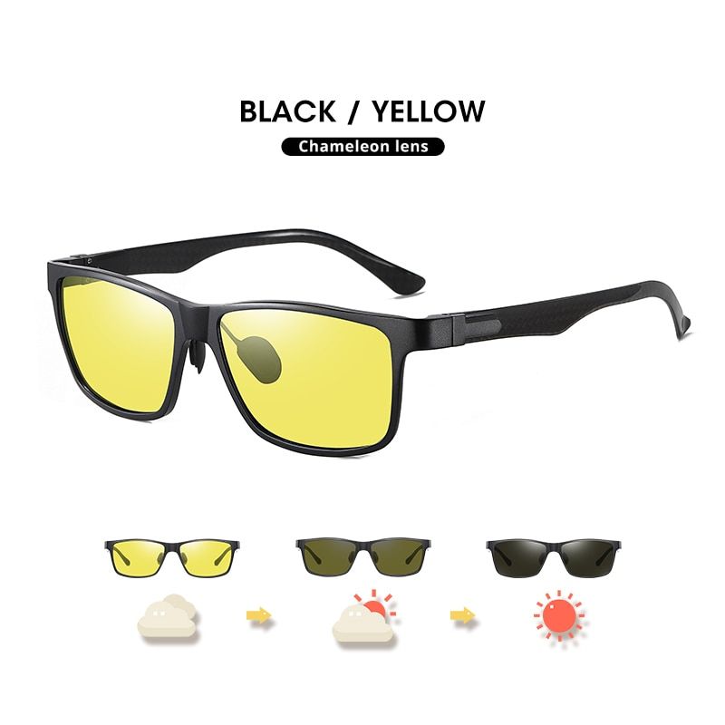 Top Carbon fiber Square Driving Photochromic Polarized Sunglasses Men Day Night Vision Goggles Sun glasses gafas de sol hombre-Black frame-yellow
