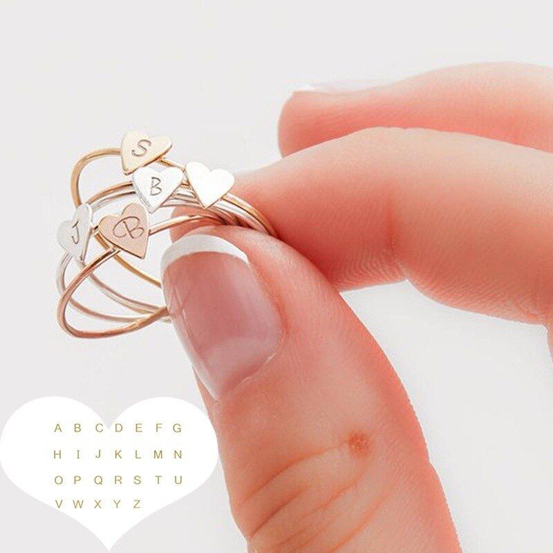 Heart Shape A-Z Initial Ring Silver Color Letter Adjustable Rings for Women Girls Birthday Fashion Love Ring Bague Femme Jewelry