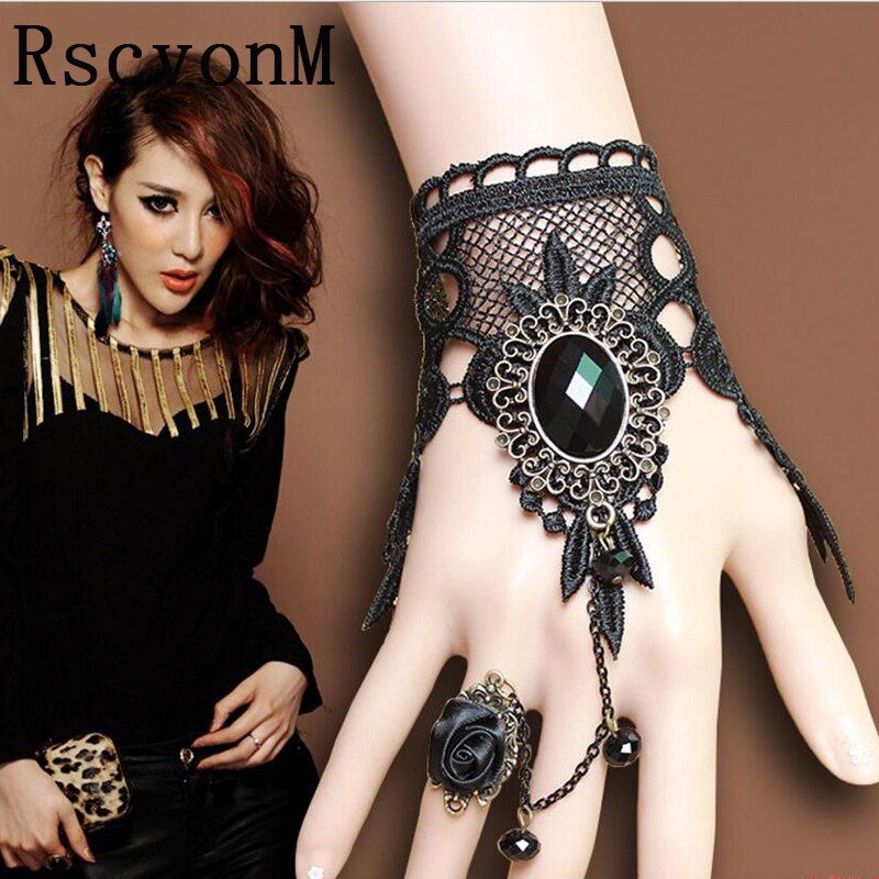 Women Handmade Black Rhinestone Drop Black Lace Arm Bracelet Gothic & Vintage Fashion Jewelry C640