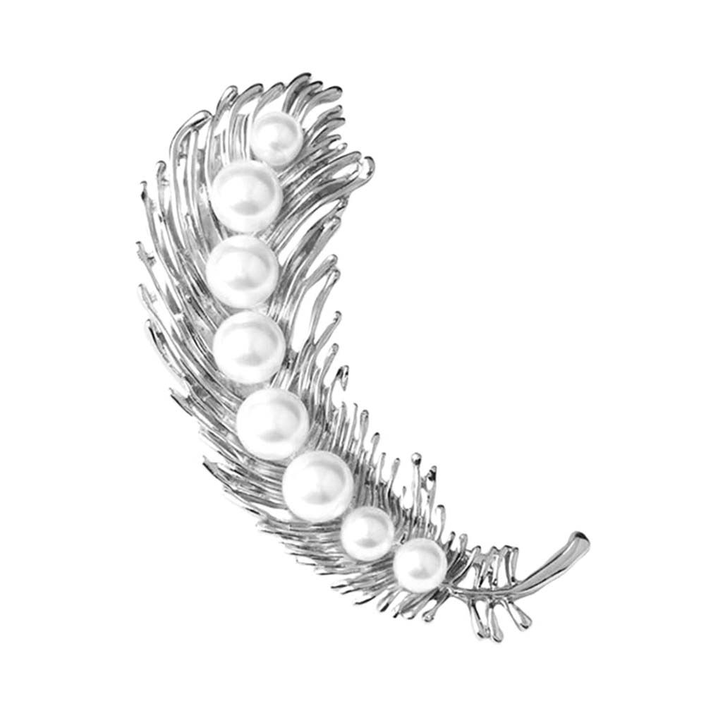 Women Faux Pearl Inlaid Feather Shape Brooch Pin Corsage Scarf Accessory
