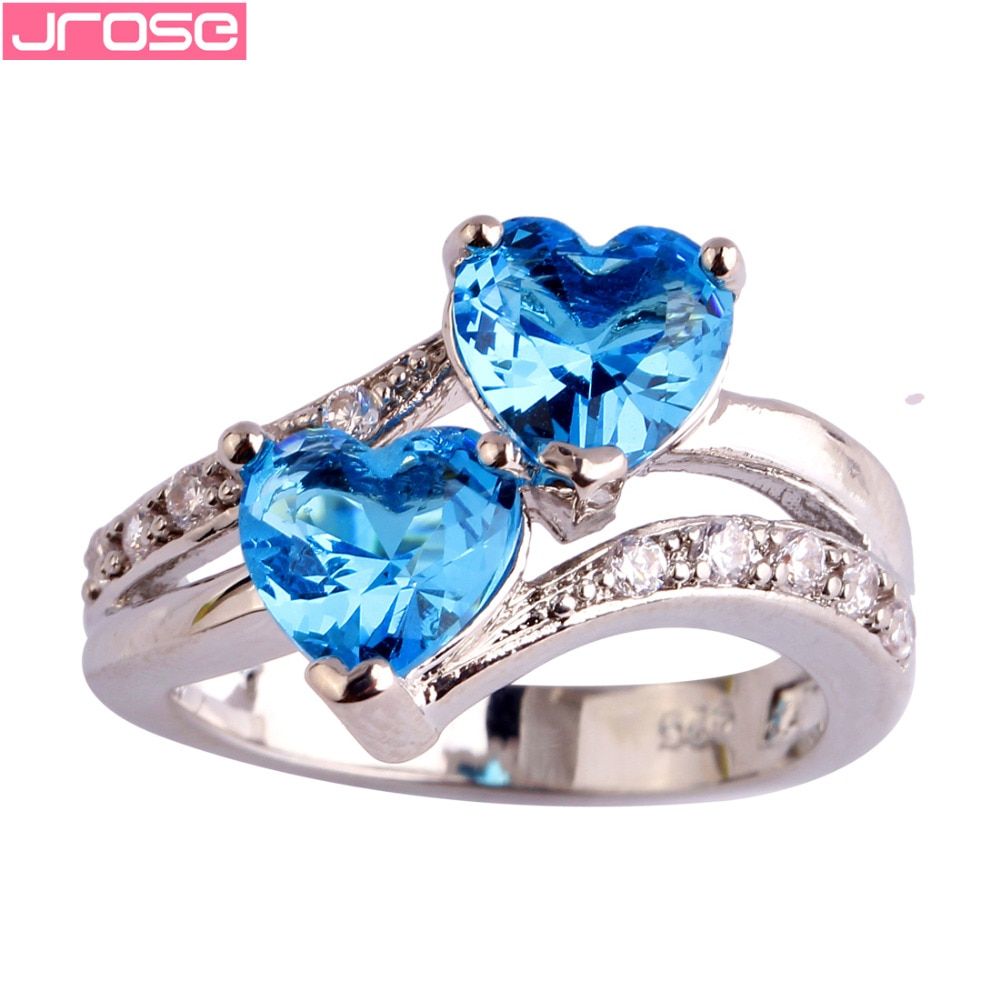 JROSE Wholesale Heart Shape Natural Blue White Cubic Zirconia Silver Color Ring Size 6 7 8 9 10 11 12 Anniversary Wedding Ring
