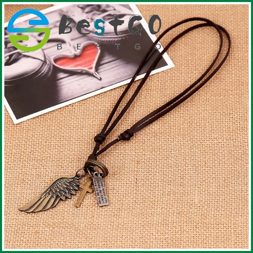 European And American Retro Cowhide Necklace Simple Angel Wings Pendant Adjustable Leather Necklace