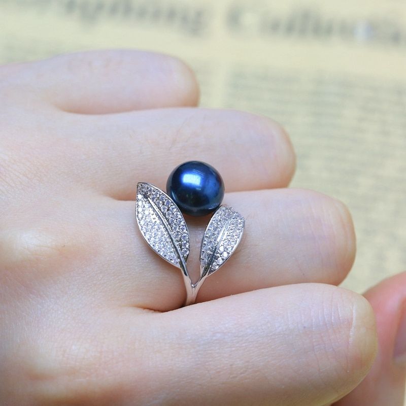 OIMG Baroqueonly Romantic And Shiny Leaf Ring 9-10Mm White Pink Blue Purple Freshwater Pearl Ring Best Mother'S Day Gift For Woman