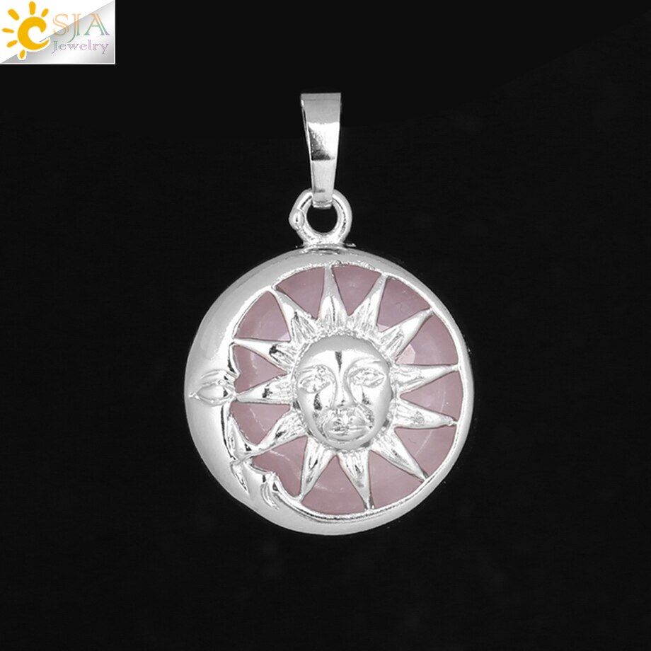 CSJA Moon Sun God Pendant for Necklace Amulets Silver Color Box Natural Stone Round Beads Crystal Quartz Women Men Jewelry F371
