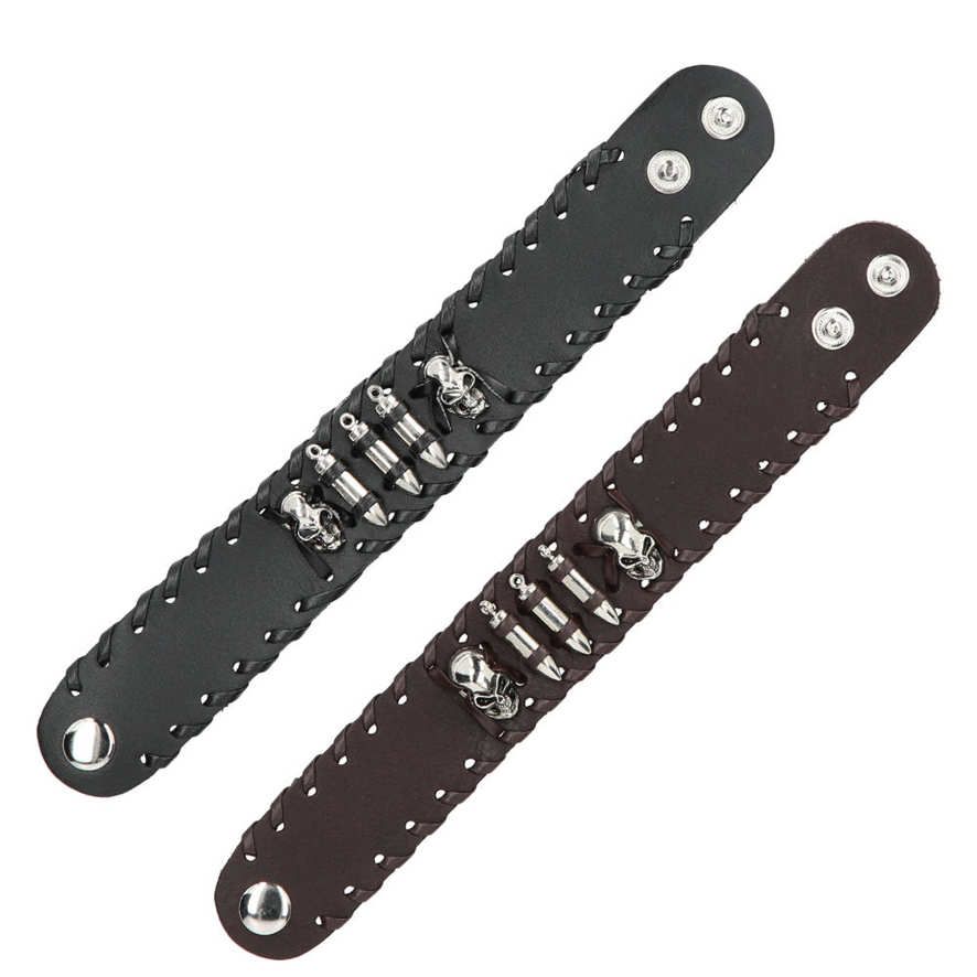 Faux Leather Bracelet 2Pcs Punk Wristband Vintage Skull Snap Buckle Cuff Wrist Band Accessory