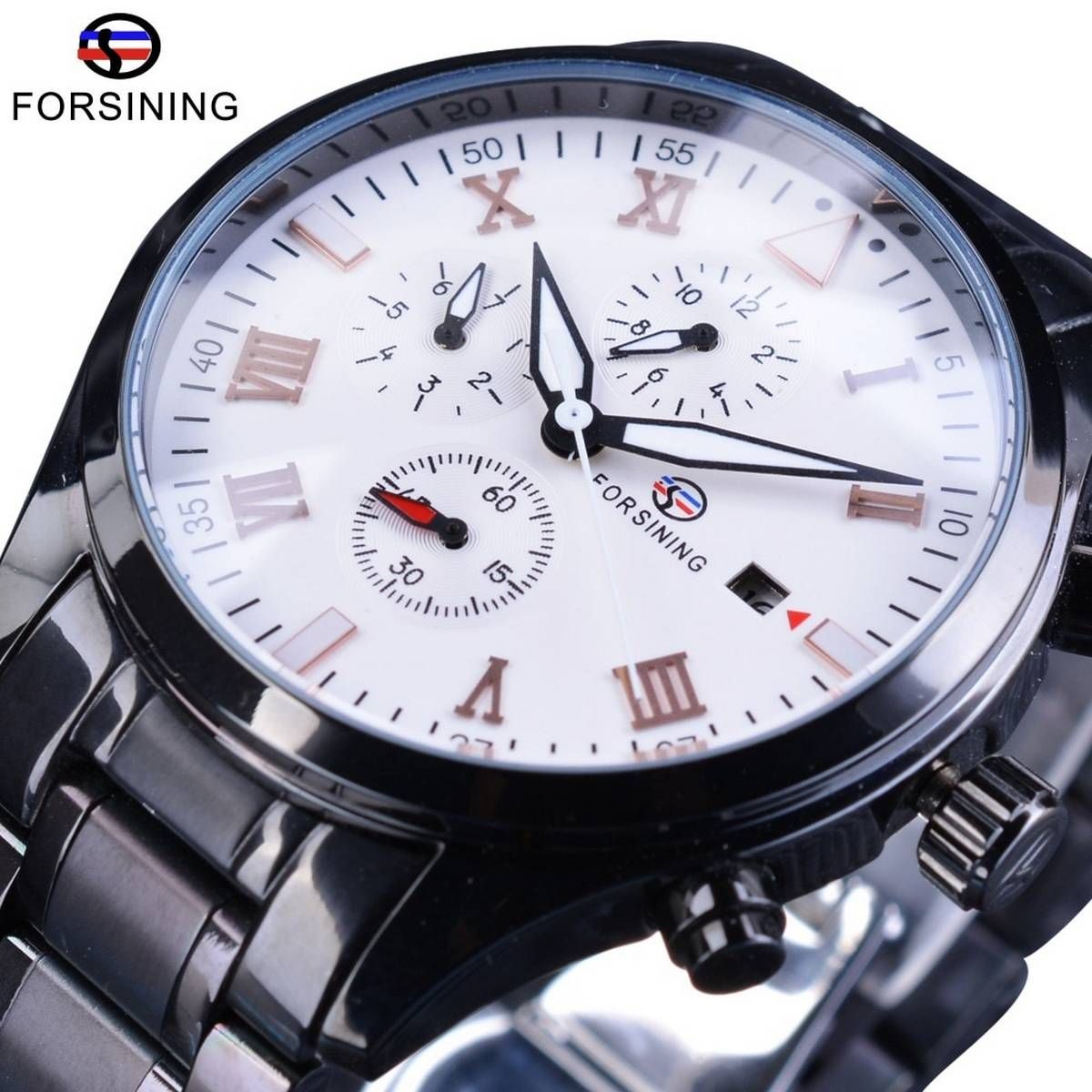 【BestGO】Forsining Black Steel Luminous Hands Maltifunction Navigator Series  Wrist Watch Mens Automatic Watches Top Brand Luxury