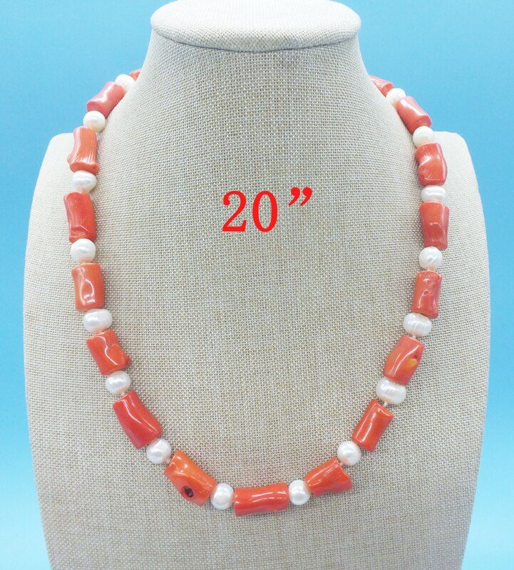 Natural irregular coral. Pearl necklace