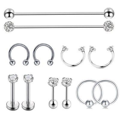 TIANCIFBYJS 4-10pcs/set Stainless 14G Industrial Barbell Cartilage Tragus Helix Ear Stud Body Piercing Jewelry 4-12pcs