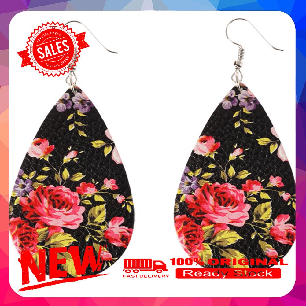 Boho Women Floral Pattern Teardrop Dangle Faux Leather Hook Earrings Jewelry