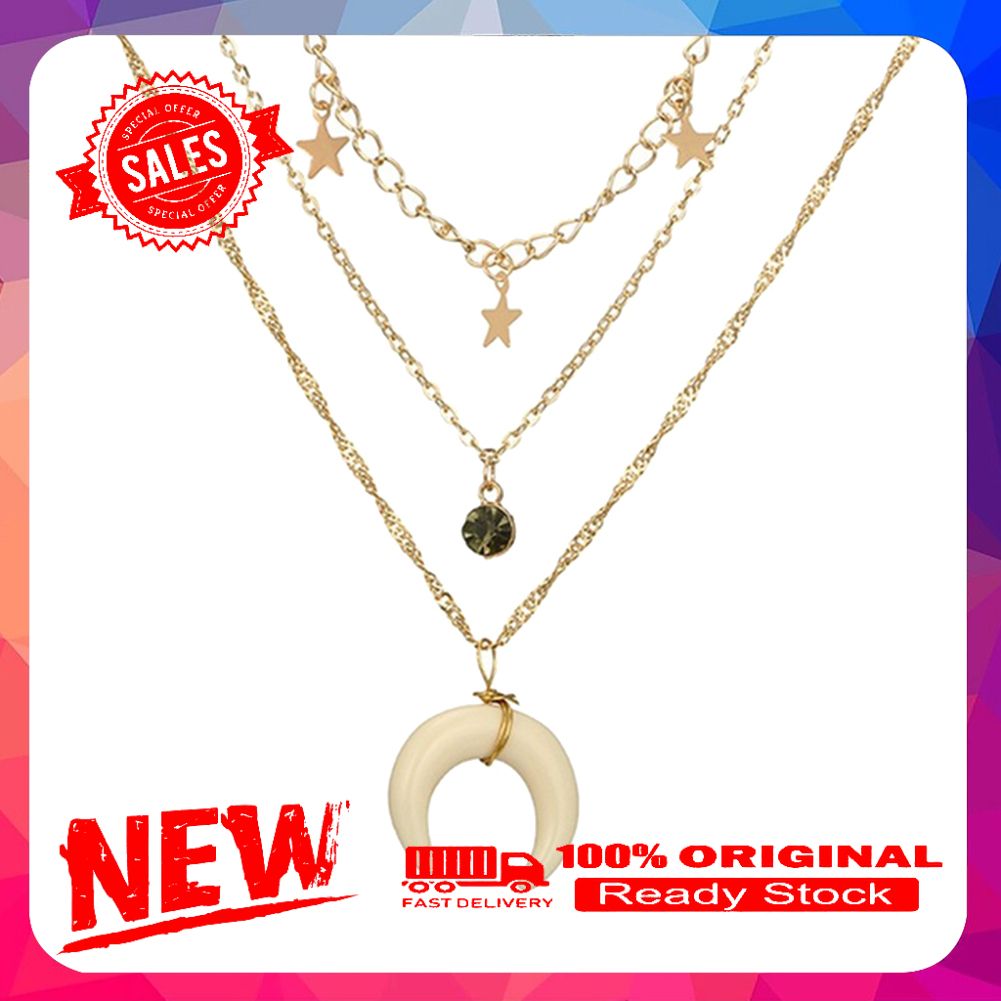 Women Fashion Multilayer Rhinestone Inlaid Moon Star Pendant Necklace Jewelry