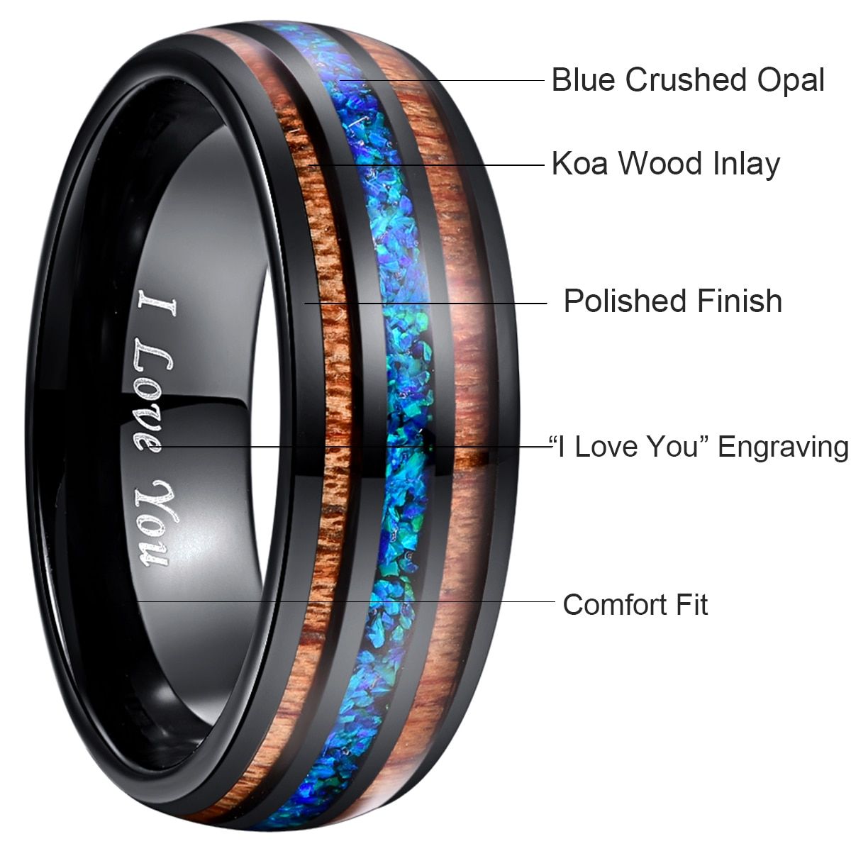 NUNCAD 8mm Black Dome Acacia Wood Men Ring Blue Opal Tungsten Carbide Ring Romantic Wedding Engagement Ring Bague Homme