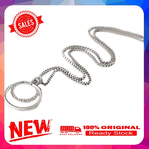 Women Fashion Box Chain Rhinestone Round Circle Pendant Sweater Necklace Jewelry