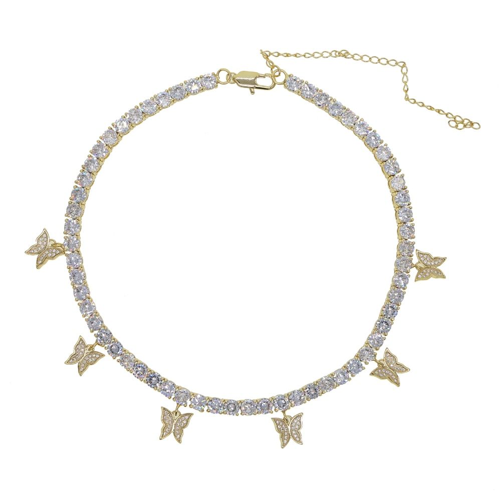 iced out bling hip hop women jewelry Heart arrow cz tennis chain with cz butterfly charm 32+10cm choker necklaces