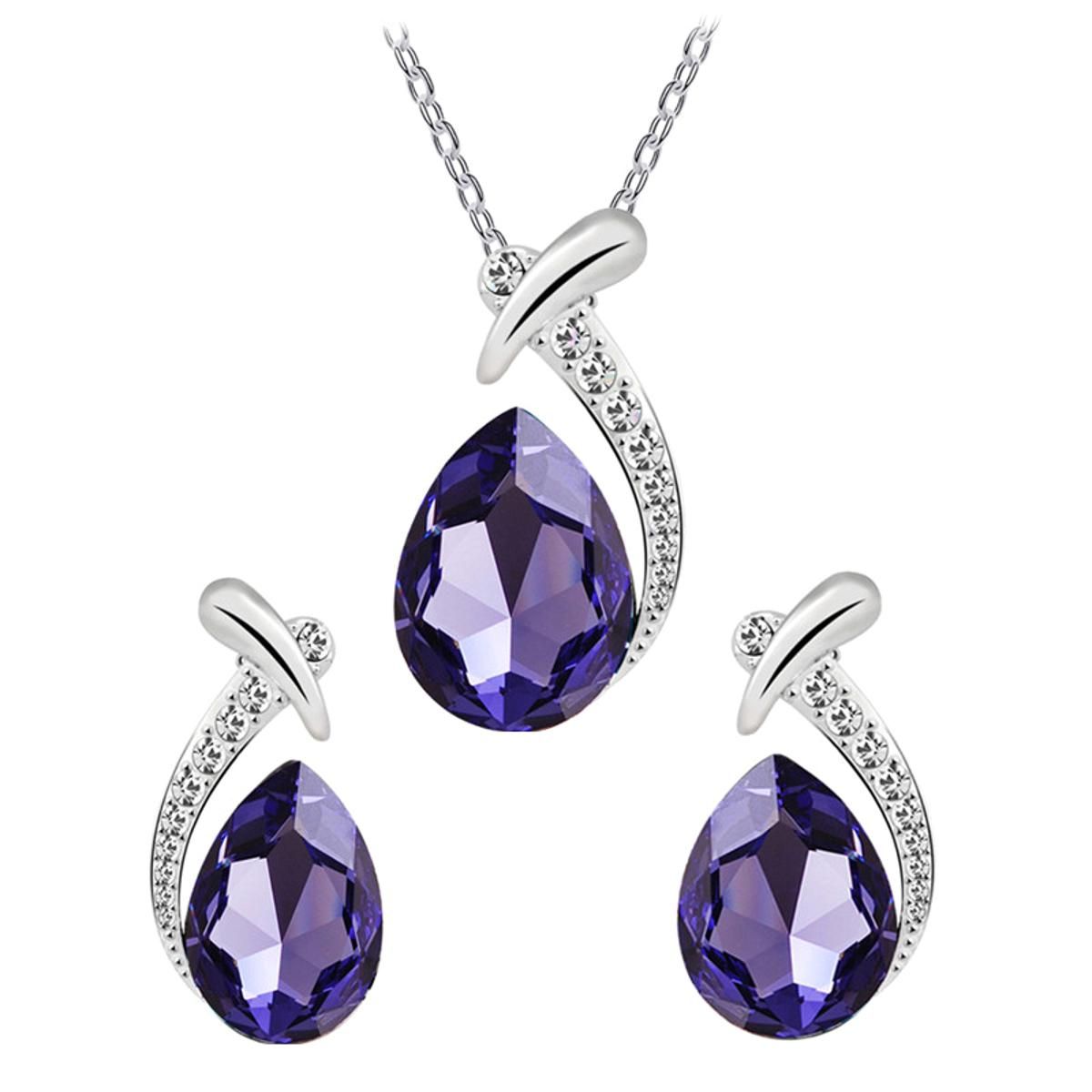 Lady Faux Crystal Water Drop Pendant Chain Necklace Earrings Wedding Jewelry Set