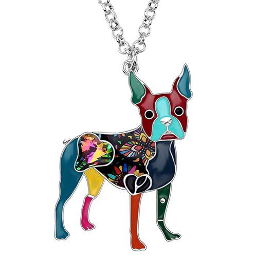 WEVENI Enamel Alloy Crystal Rhinestone Boston Terrier Dog Necklace Pendant Cartoon Animal Jewelry For Women Girl Pet Lovers Gift