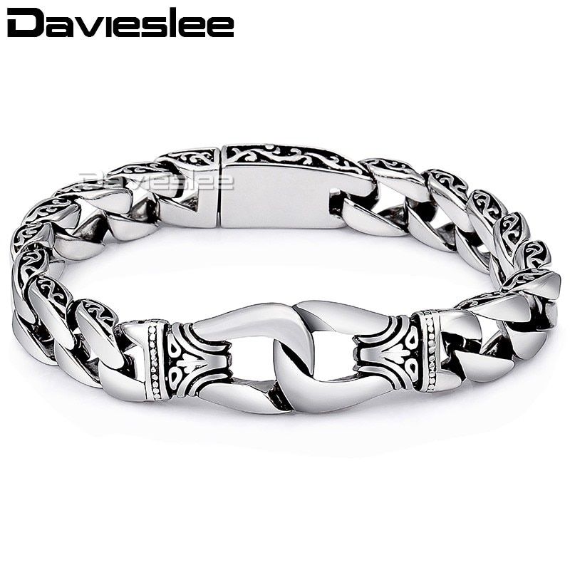 Davieslee Mens Bracelet Chain 316L Stainless Steel Punk Bracelets for Men Curved Silver Color Curb Chains Cuban Link 15mm LHB10