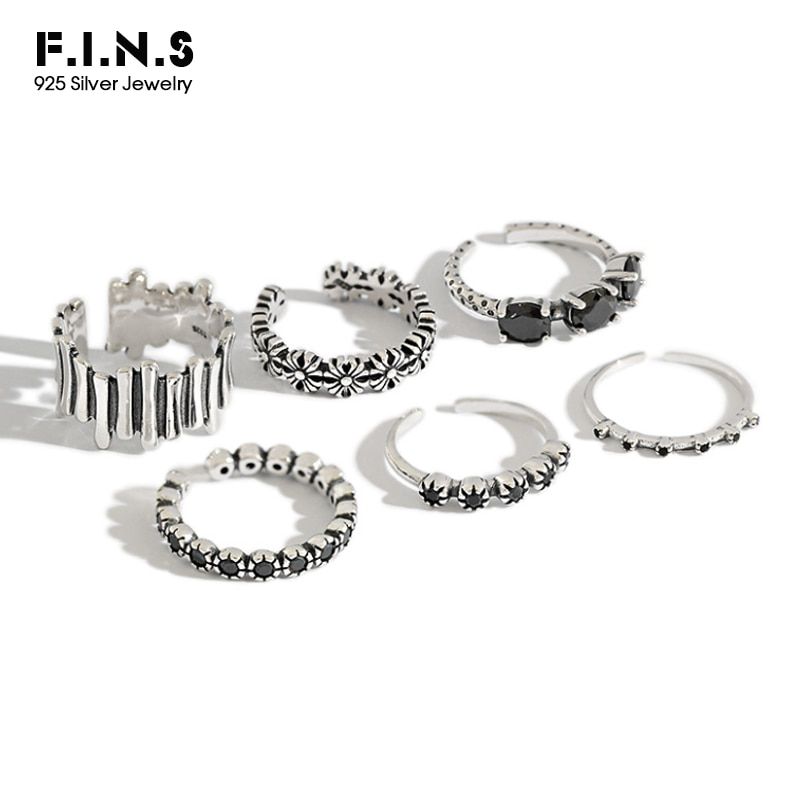 F.I.N.S Black Zirconia Stackable Ring Carving Flower Authentic Silver 925 Jewelry Turkish Open Sterling Silver Rings for Women