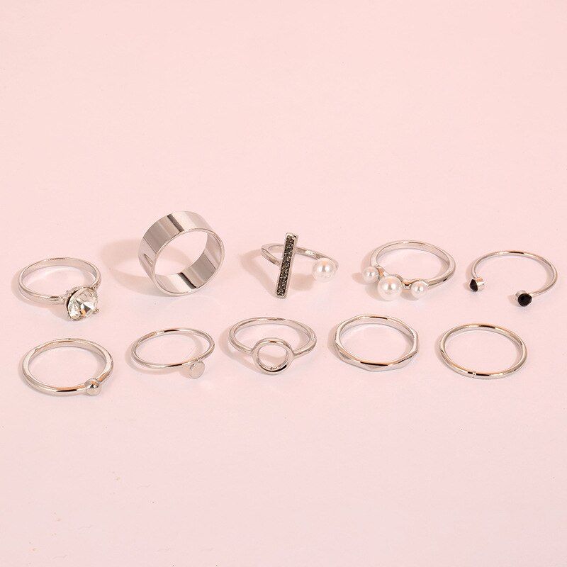 HUANZHI Vintage 8Pcs/Set Colorful Stone Geometric Square Round Imitation Pearls Bow Metal Finger Rings for Women Girl Party