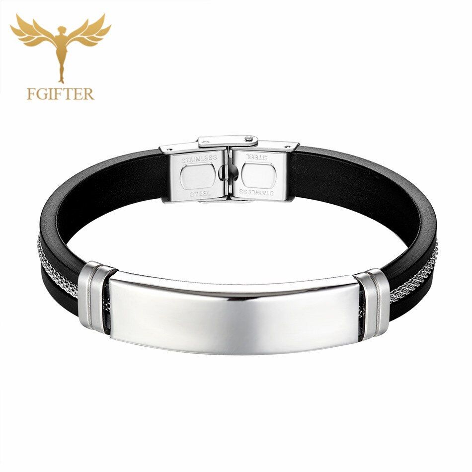 Fashion Wristband black Punk Rubber Silicone Stainless Steel Men Bracelets Bangles with Chain pulseras hombre caucho