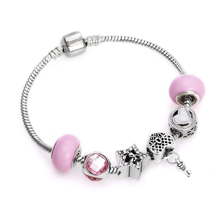 Fashion Beaded Charm Colors Accessory Purple Chakra Crystal Bracelet With Key Bangle Women Alloy Jewellery Gift wholesale