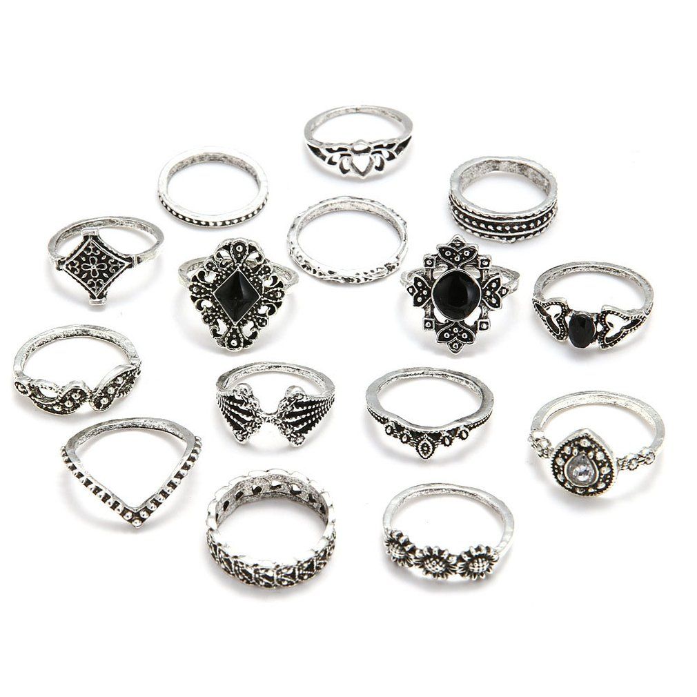 Simple Openwork Lotus Sunflower Geometric Black Gemstone Ring Set
