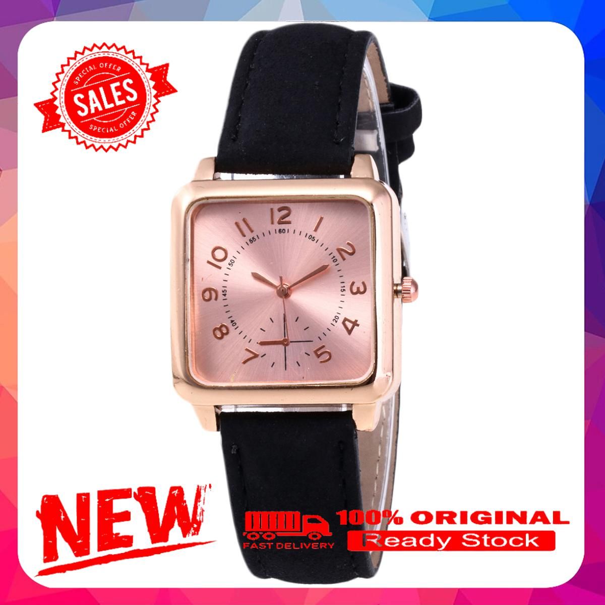 Women Faux Leather Strap Square Dial Arabic Number Analog Quartz Wrist Watch