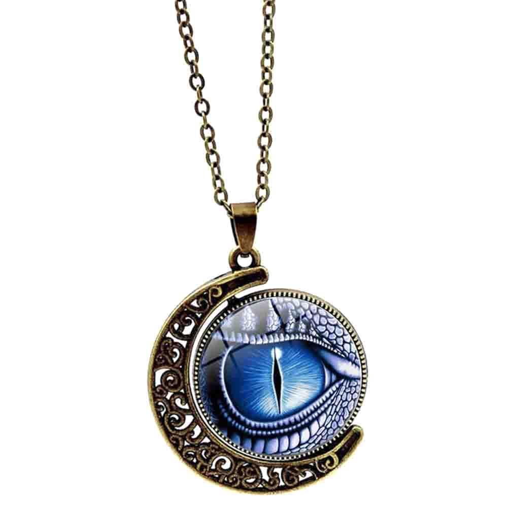 Unisex Rotate Round Dragon Eye Crescent Moon Pendant Long Chain Necklace Jewelry