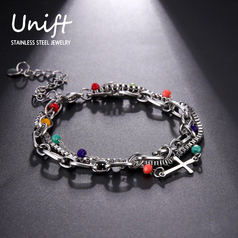 Unift Cross Pendant Bracelet for Women Girl Colorful beads and box chain Stainless Steel Accessories Charm Fashion Jewelry Gift