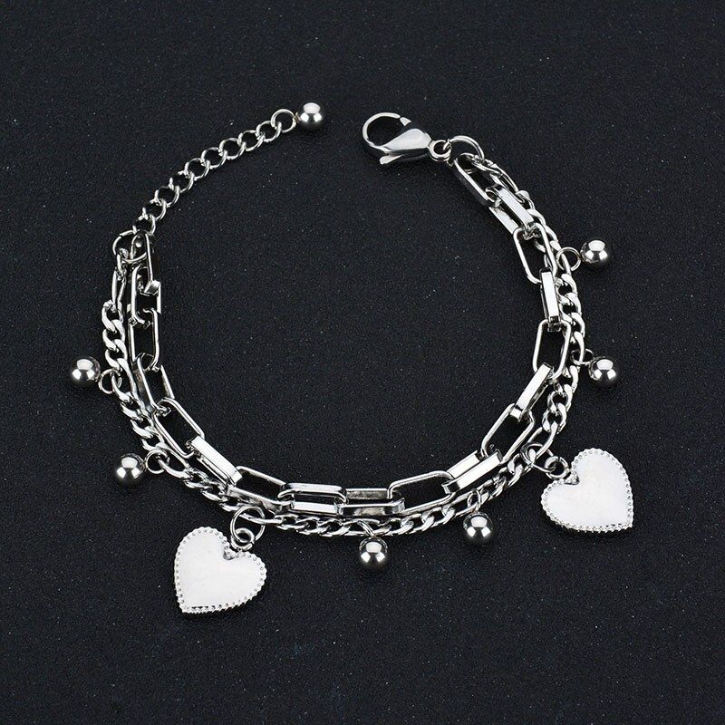 UZone Charm Double Layers Stainless Steel Heart Chain Bracelet Tassel Peach Heart Link Necklace Fashion Women Jewelry