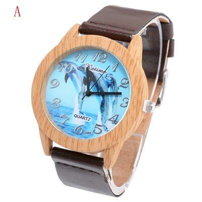 YULUCH Creative Fashion Ladies Quartz Wood Grain Watch Personality Dolphin Pattern Dial Pu Belt Brand Watch Gift