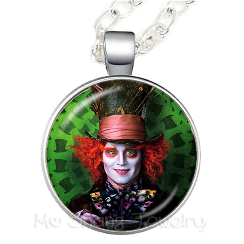 Alice In Wonderland Necklace A Mad Tea Party Mad Hatter March Hare Fairy Tale Pendant Hatter Print Glass Sweater chain Jewelry