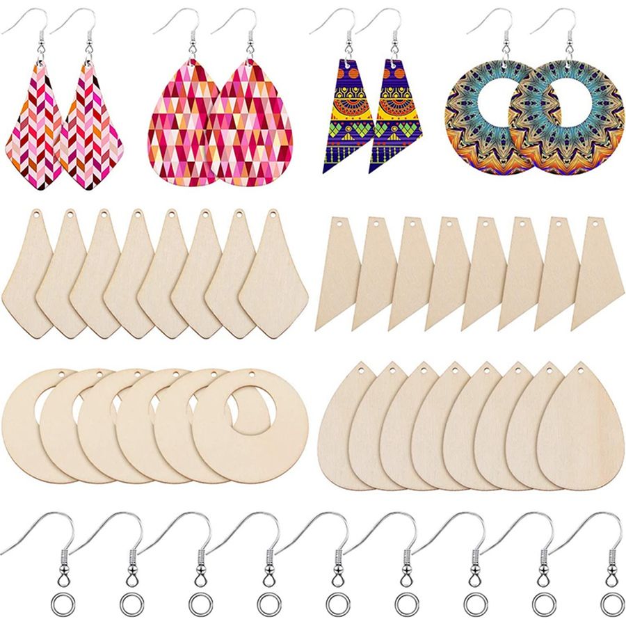 120 Pieces Wood Earring Pendant Unfinished Wooden Blanks with 120 Earring Hooks for Earrings Jewelry DIY Craft Making
