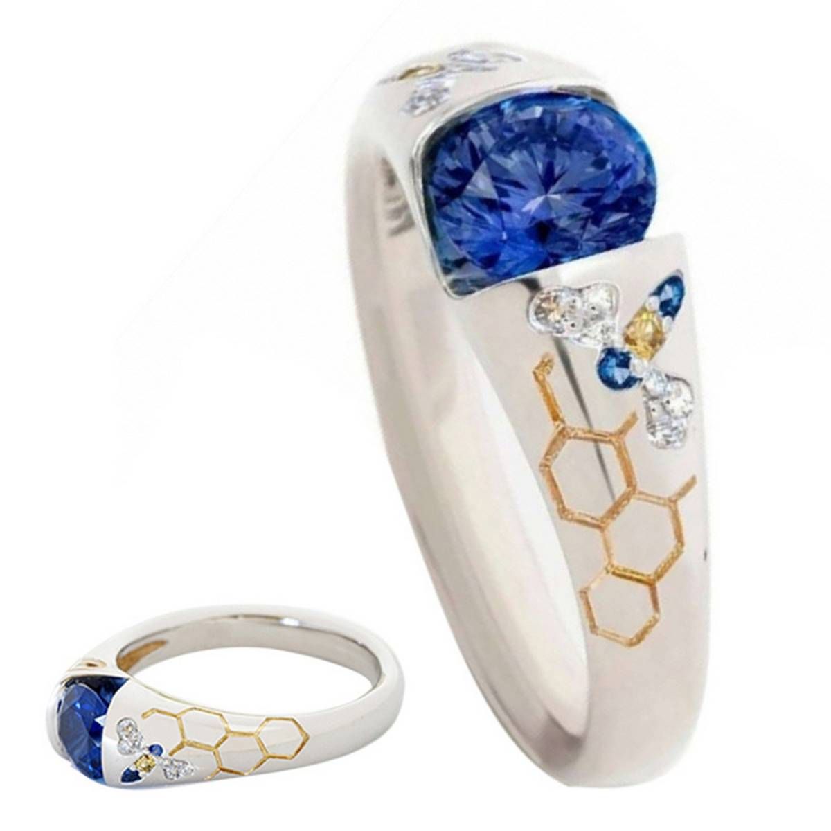 Women Faux Sapphire Rhinestone Beehive Butterfly Finger Ring Party
