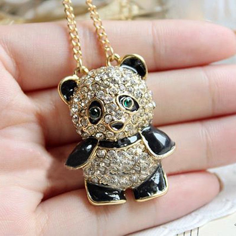 Women Vintage Crystal Rhinestone Panda Bear Pendant Chain Women Necklace Jewelry ND247(null)