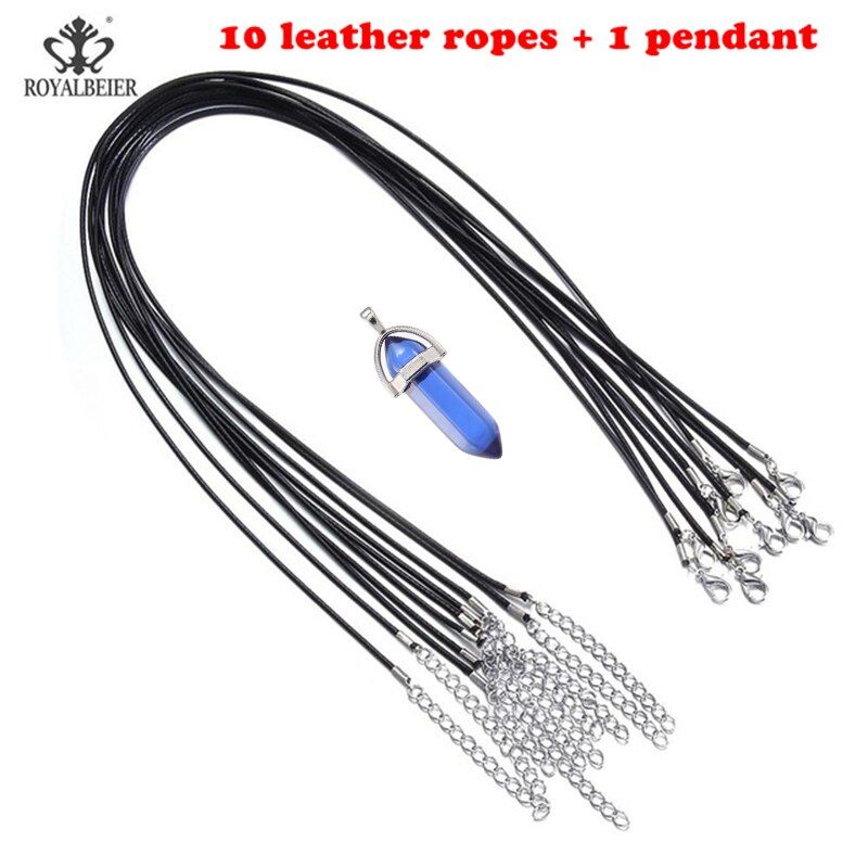 ROYALBEIER 10pcs/lot Natural Quartz Pendant Hexagonal Pillar Pendant Necklace Tiger Eye Pendant Leather Chain Necklace Wholesale