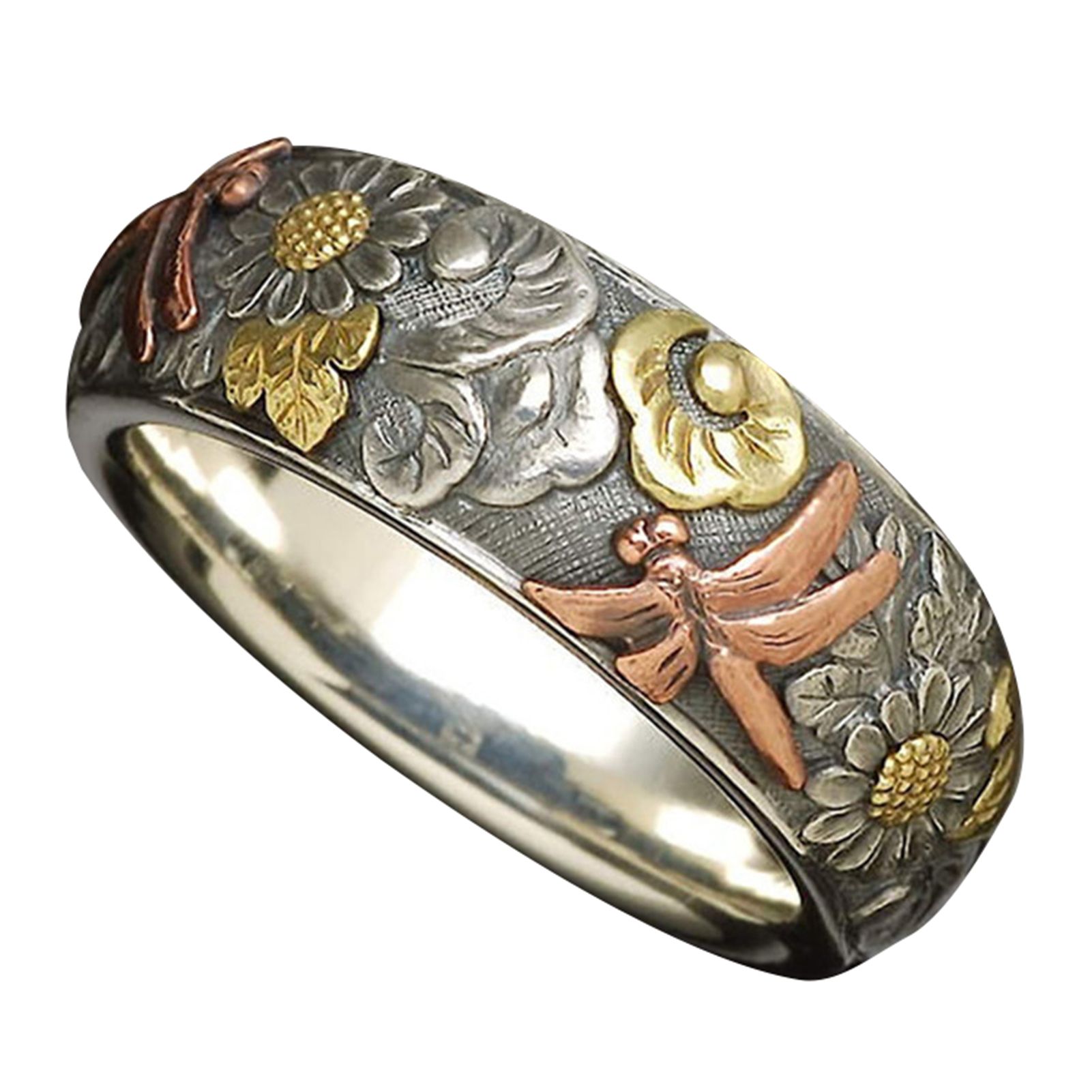 Women Men Elegant Sunflower Pattern Dragonfly Design Finger Ring Band Jewelry