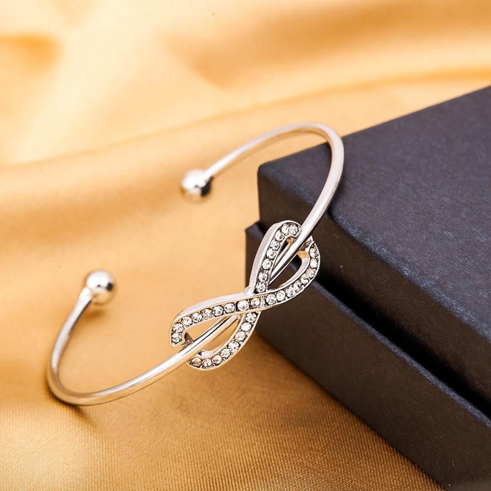 Thin Band Hollow Full Crystal Bow Opening Adjustable Metallic Golden Silver Plated Bracelets & Bangles for Women