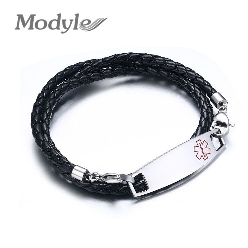 Modyle Fashion Stainless Steel with Black Leather Medical Bracelet Bangle Jewelry