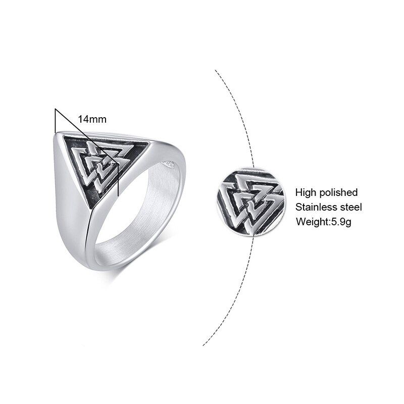 TRIANGLE VIKING SIGNET RING FOR MEN STAINLESS STEEL VALKNUT VIKING RINGS SCANDINAVIAN WIKINGER NORSE JEWELRY