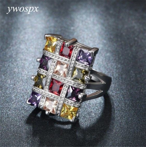 Luxury Square Colorful Zircon Zircon Metal Rings For Women