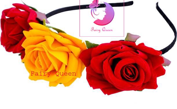 Artificial red and yellow color velvet flower hair band for girls and women - 1 pcs