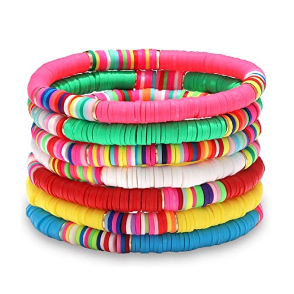 5/7Pcs Women Boho Rainbow Polymer Clay String Beads Bracelet Wristband Bangle