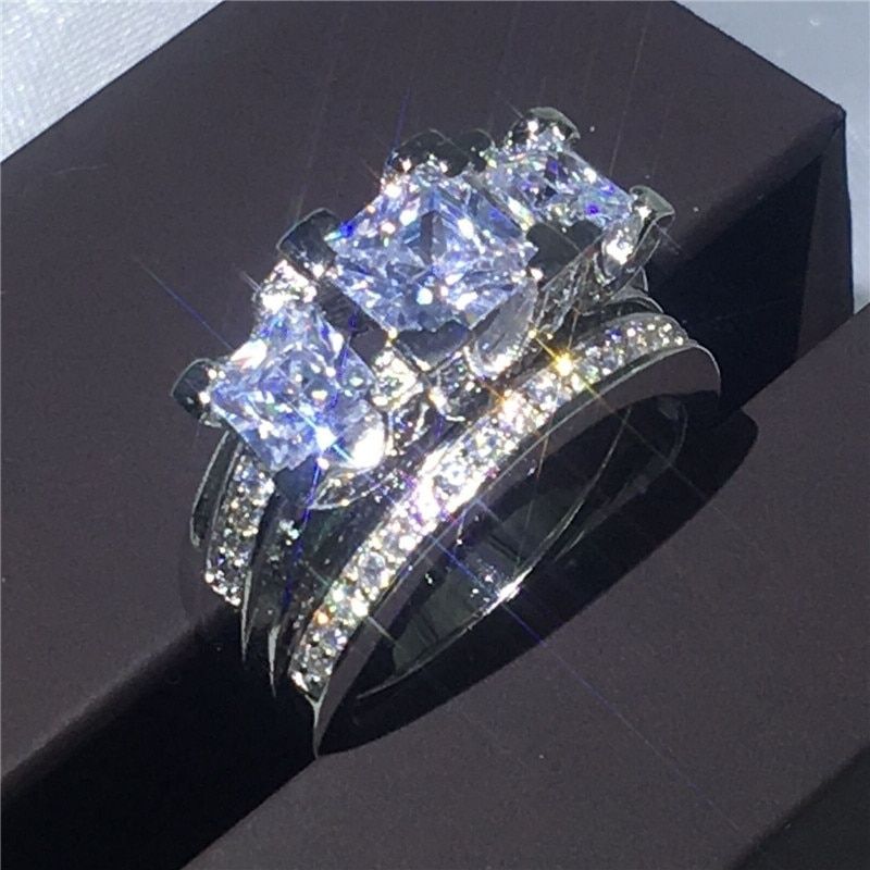 FDLK   2Pcs Bridal Set Elegant Rings for Women Wedding Engagement Fashion Jewelry With Full Shiny Cubic Zircon Female Ring