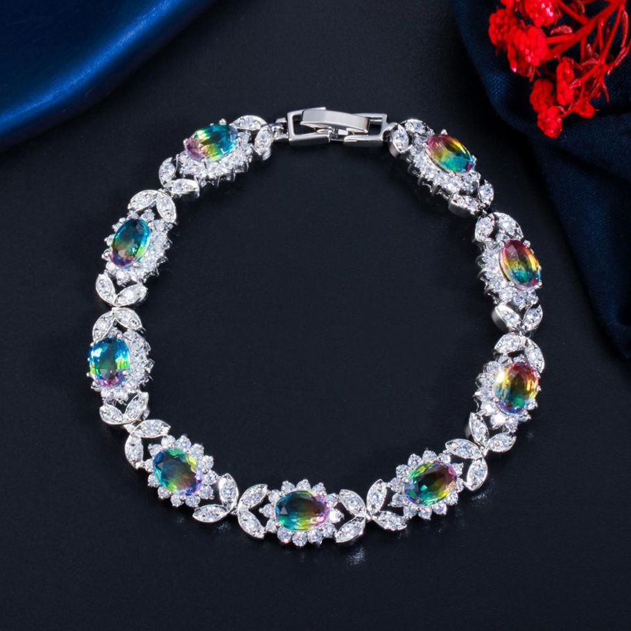 CWWZircons Rainbow Mystical Cubic Zirconia Crystal Leaf Flower Design Chain Link Bracelet for Women Elegant Jewelry Gift CB241