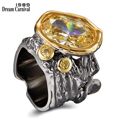 DreamCarnival1989 Very Big Dazzling Gold Color Zirconia Wedding Ring Women Irregular Cut Band Gothic Chic Dating Jewelry WA11756