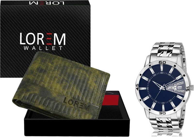 Combo Of Silver Men Watch & Green Artificial Leather Wallet Analog Watch - For Men FZ-WL30-LR102